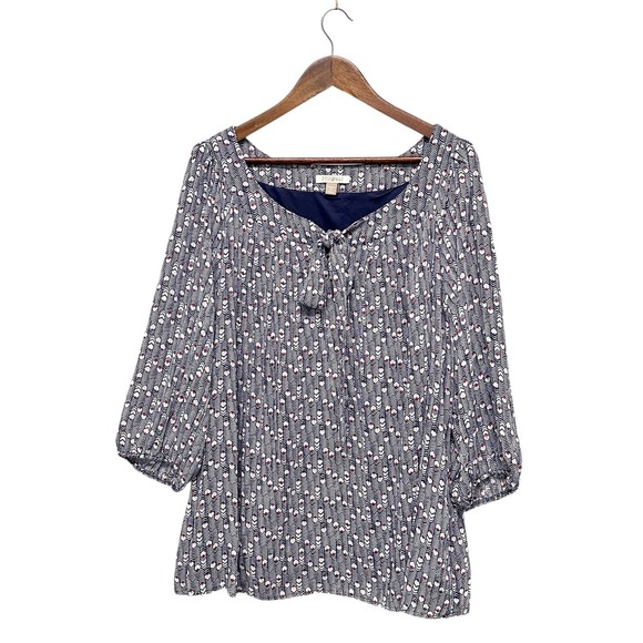 Roz &‎ Ali Womens Geometric Blouse Top Plus Sz 2X 3/4 Tie Sleeve Square Tie Neck - Picture 1 of 10